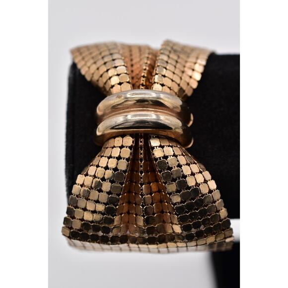 Rau F Co Vintage Chainmail Mesh Bow Bracelet Gold Tone Chunky Signed 1980s BinAW - Picture 1 of 12